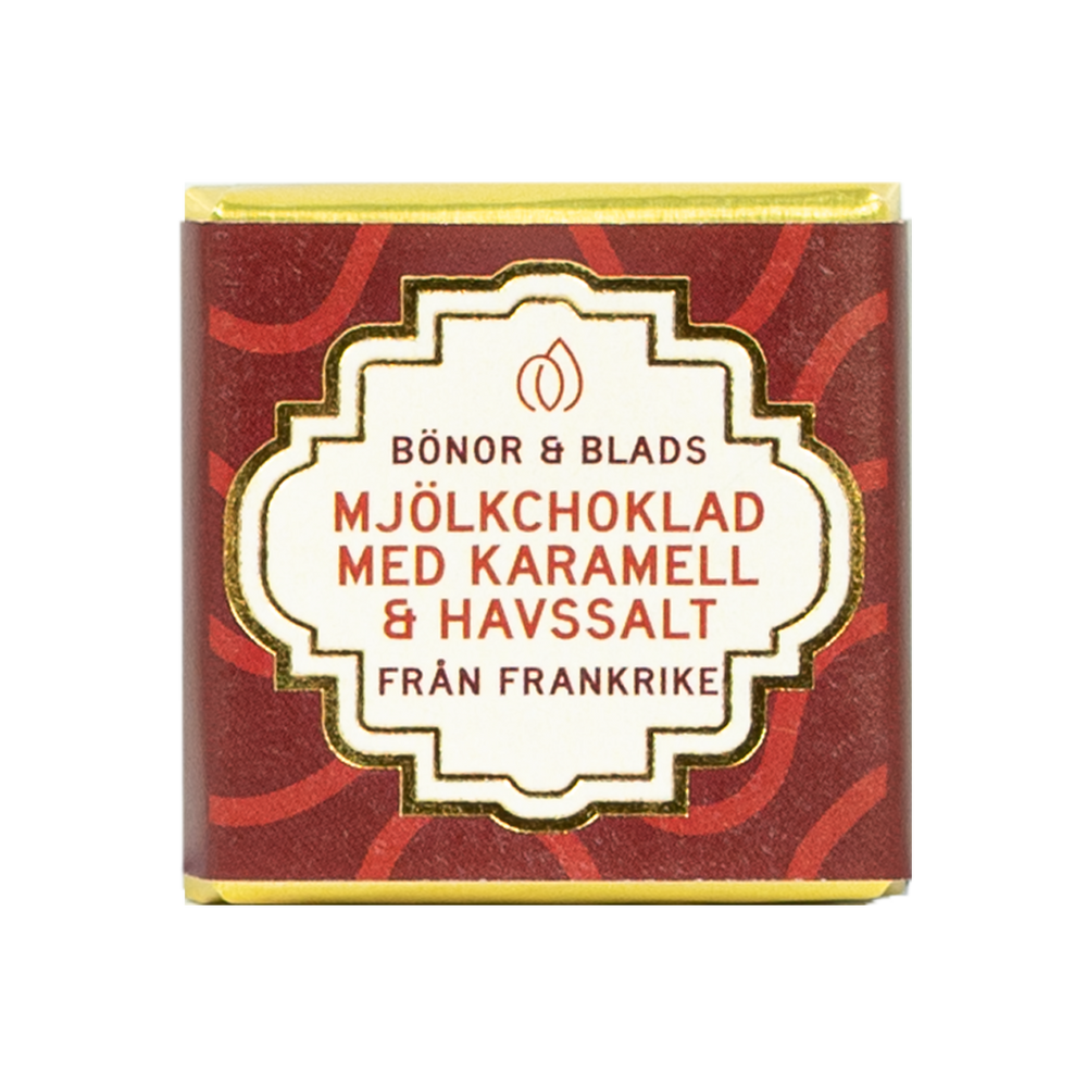 BÖNOR & BLADS MJÖLKCHOKLAD MED KARAMELL & HAVSSALT 5 GRAM  – RÖD